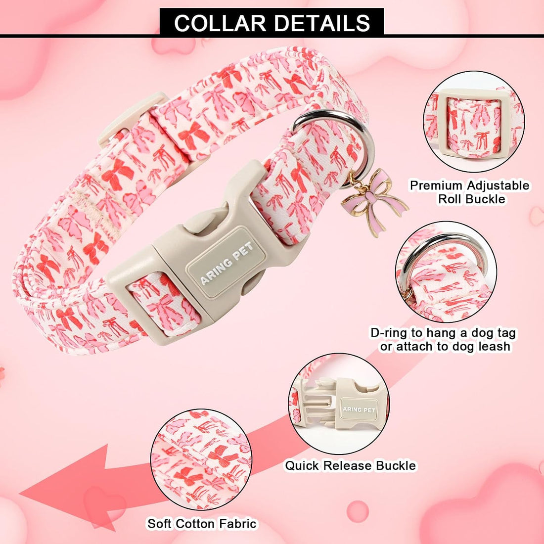 ARING PET Girl Dog Collar, Cute Spring Summer Pink Bow Puppy Pet
