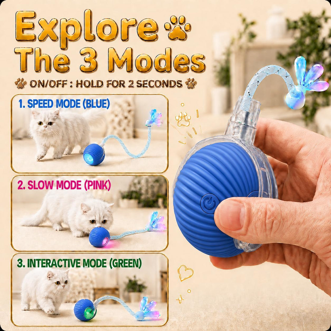 Pack-4 Interactive Cat Toys, Motion-Activated Rolling Ball with Shiny