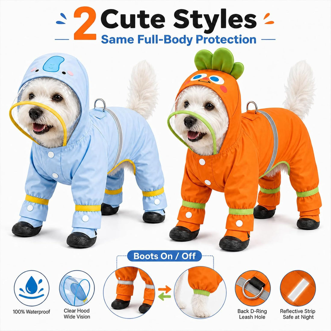Dog Raincoat with Removable Boots, Clear Hood, Blue, XS (1-3 lb)