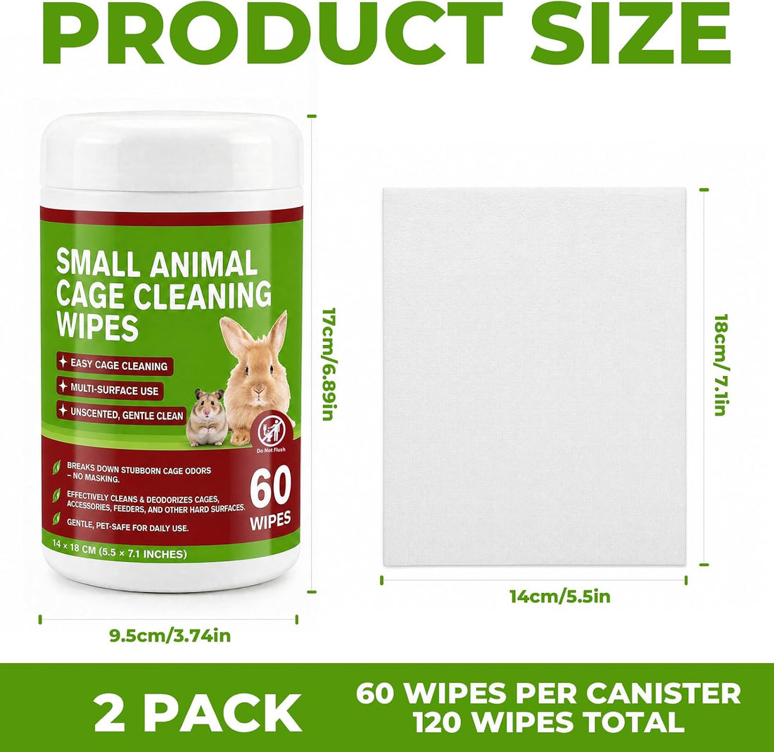 Small Animal Cage Cleaning Wipes, Unscented, 2 Pack 120 Wipes