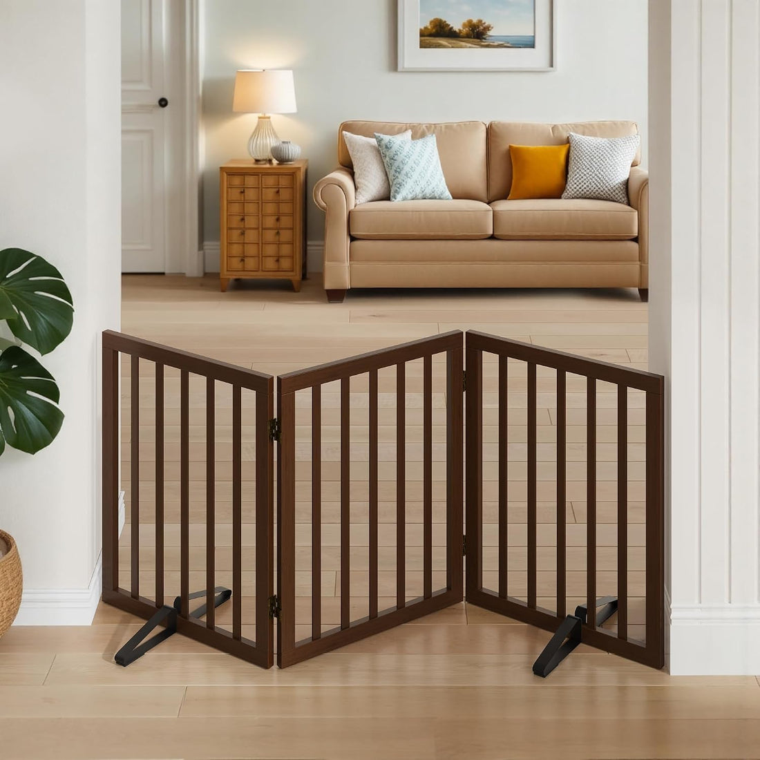 Wooden Dog Gate Freestanding Foldable 4 Panel Pet Gates Extra Wide