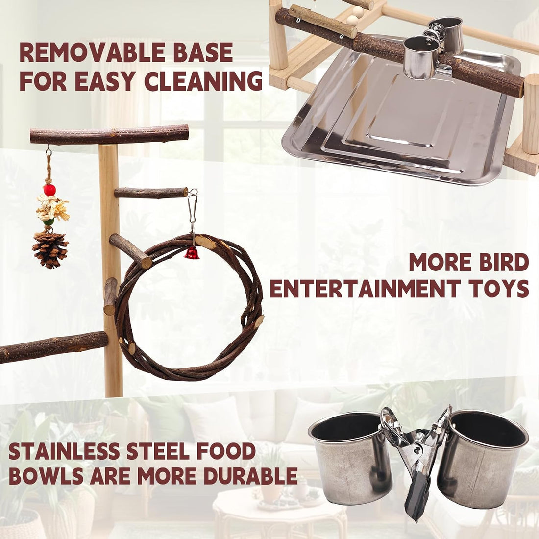 Bird Playground, Natural Wooden Parrot Stand Suitable for Small