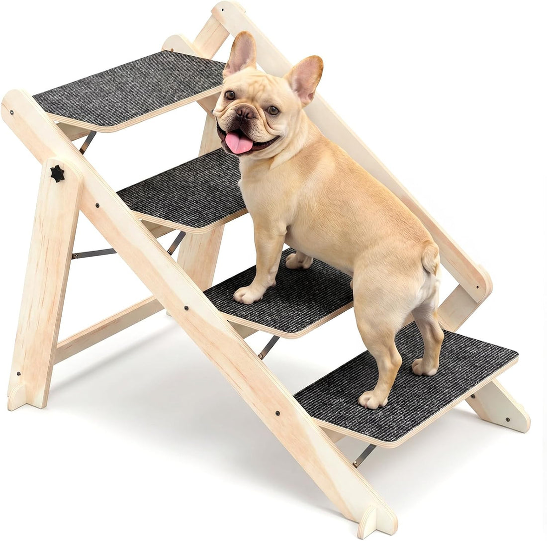 Woodure Foldable Dog Stairs, Convertible 4-Step Wooden Dog Ramp