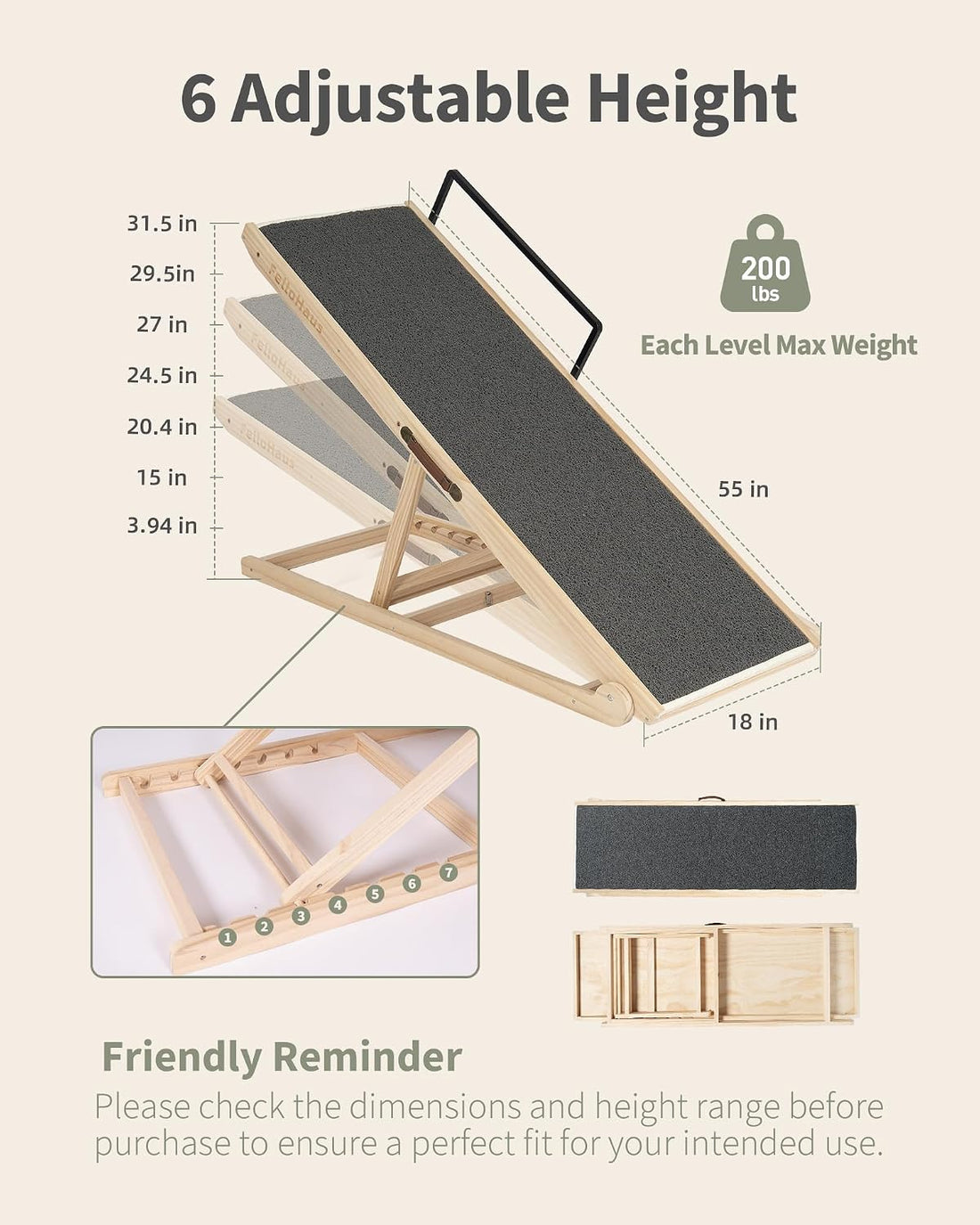 Dog Ramp for Large Dogs, 6 Adjustable Heights, Upgraded Anti-Slip