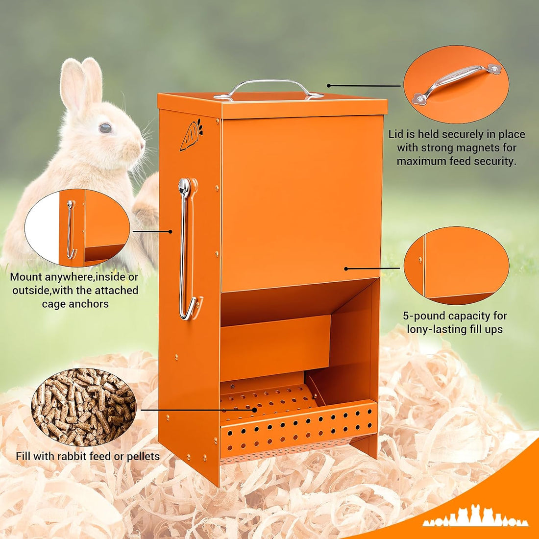 Rabbit Feeders Automatic for Cages,Orange 5 Pound Large Metal Trough