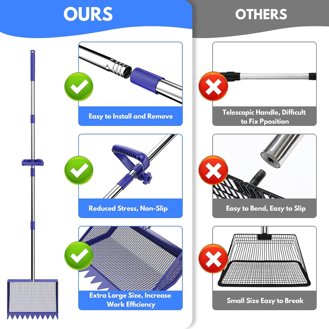 Chicken Poop Scooper Rake 2-in-1,304 Stainless Steel Shovel Head