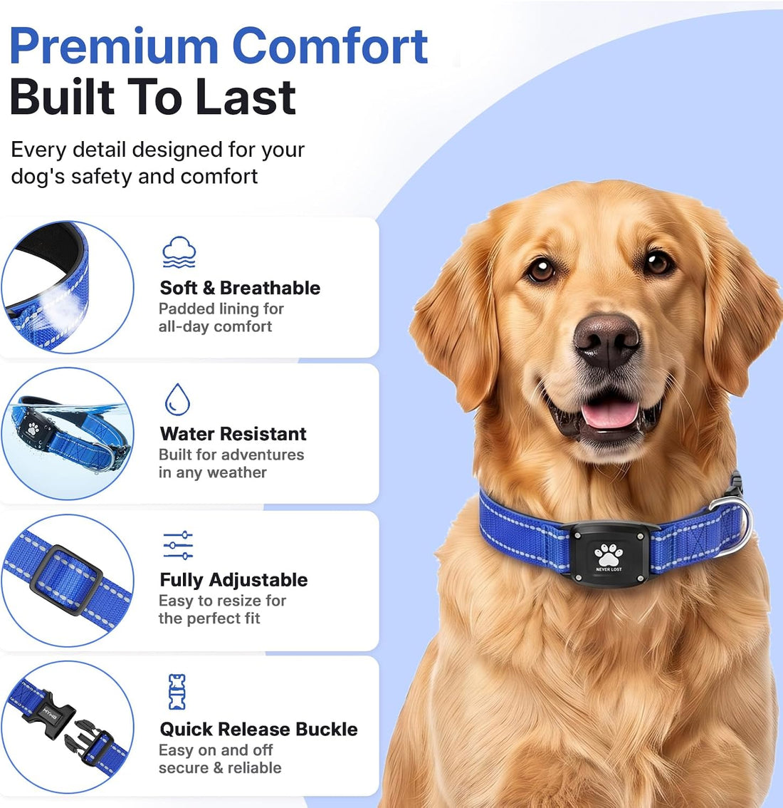 GPS Dog Collar with Tracker, Waterproof, No Monthly Fee, Blue, L