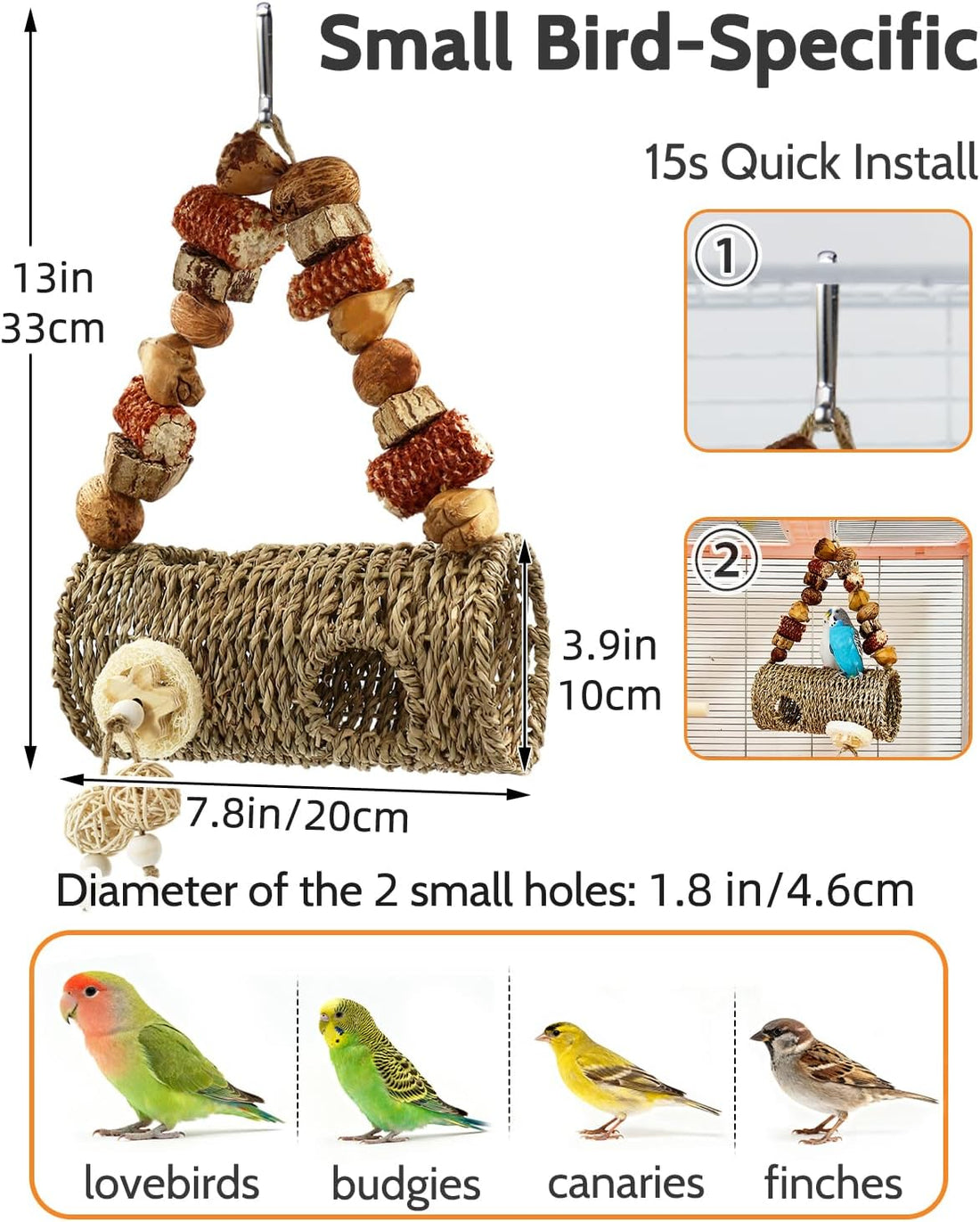 Bird Tunnel for Cage with Chew Toys, Only for Small-Sized Bird