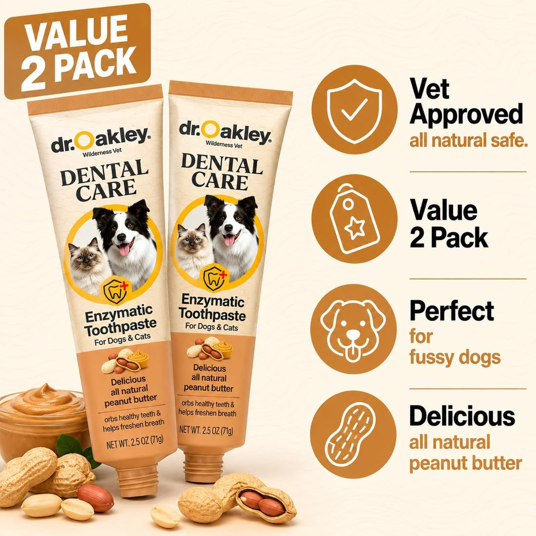 Dr. Oakley 2 Pack Cat or Dog Toothpaste Peanut Butter Flavor