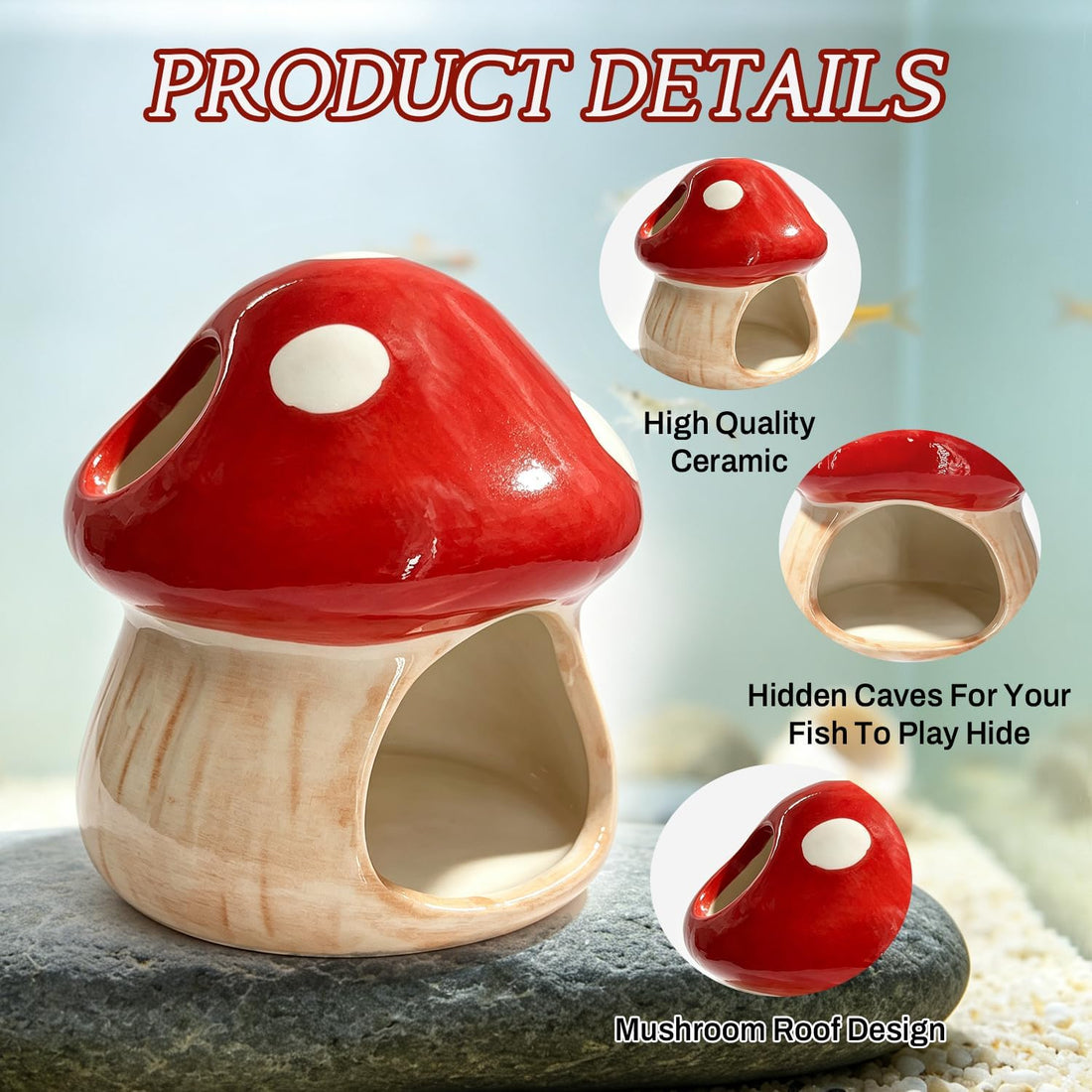 Betta Fish Tank Accessories, 4.33" Ceramic Mushroom Aquarium Decor