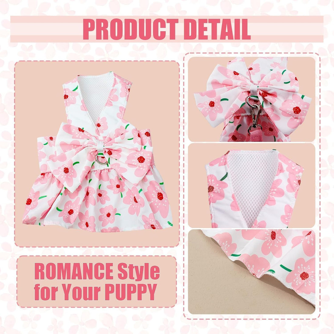 Dog Dress Bowknot Harness Leash Set for Small Girl Dogs Pink Floral