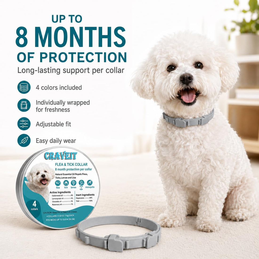 Craveit Flea and Tick Collar for Dogs, 4 Pack, Small Dogs Under 18 lbs