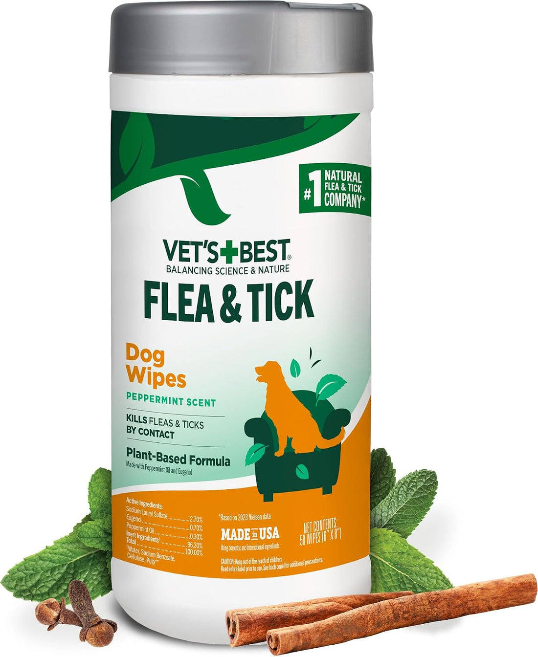 Vet's Best Flea & Tick Wipes for Dogs, Plant-Based, Pest Control