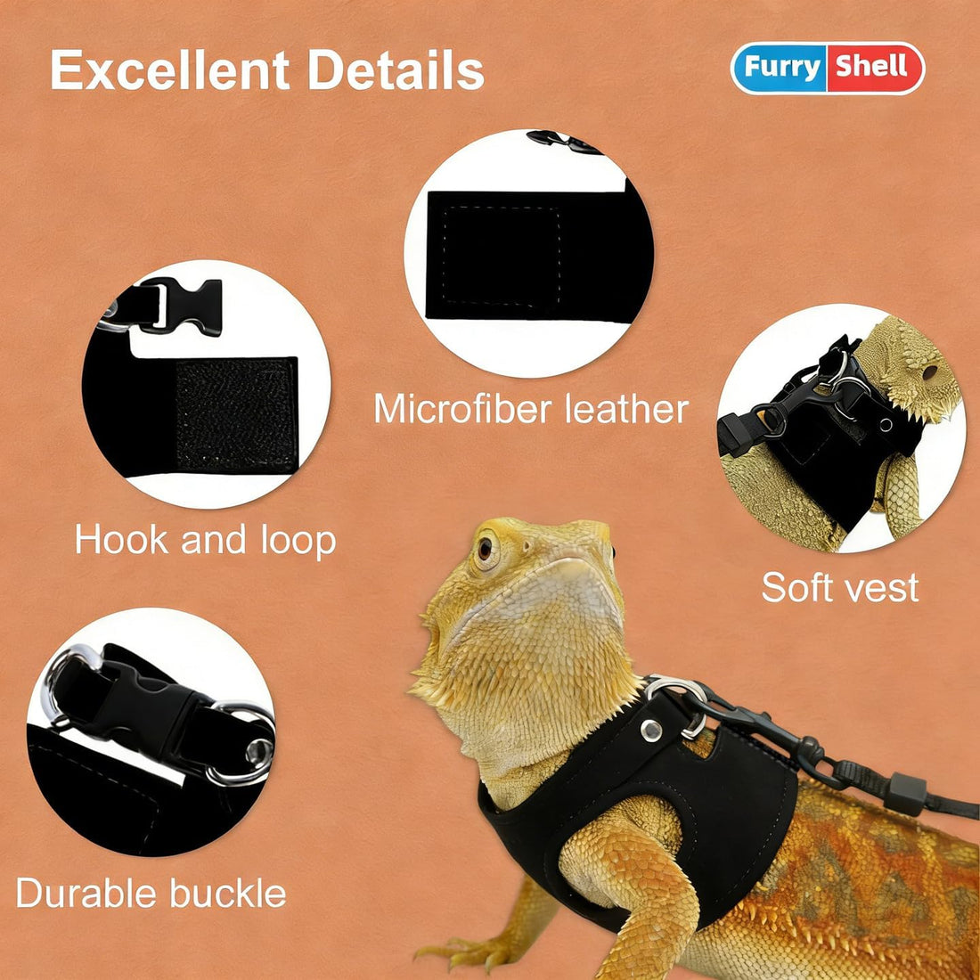 Bearded Dragon Harness & Leash Set, Escape-Proof, 3 Pack (S/M/L)，Black