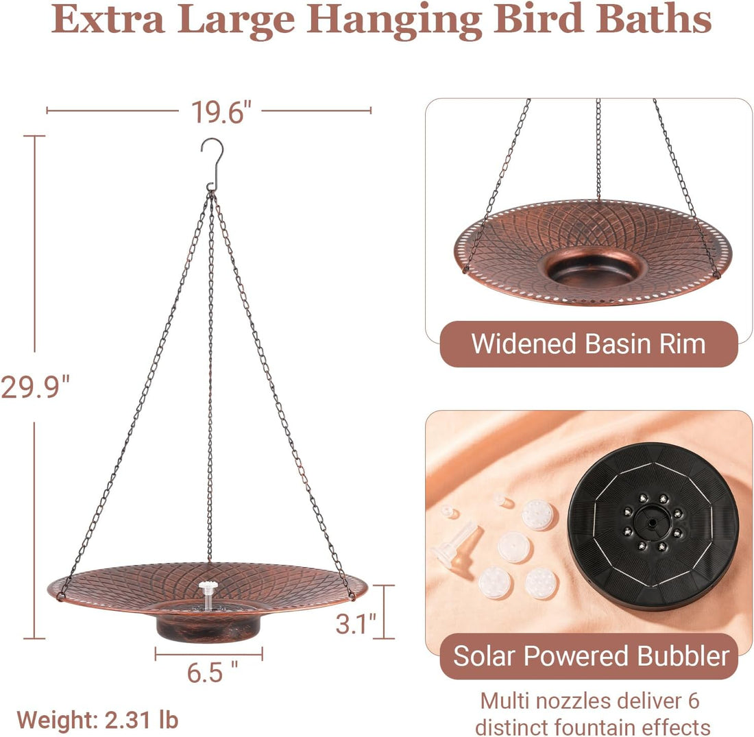 19.6" Large Hanging Bird Bath with Solar Fountain