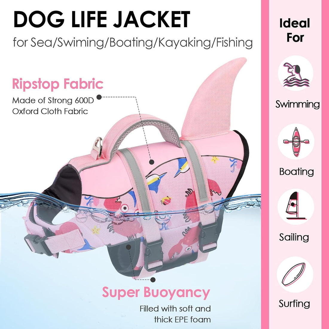 AOFITEE Dog Life Jacket High Buoyancy Shark Dog Life Vest for Swimming
