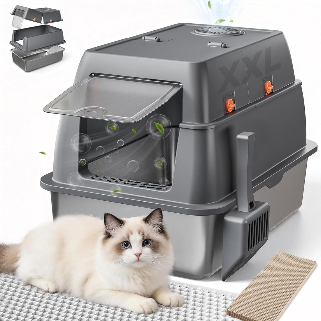 GTPLAYER XXL Stainless Steel Cat Litter Box with Lid