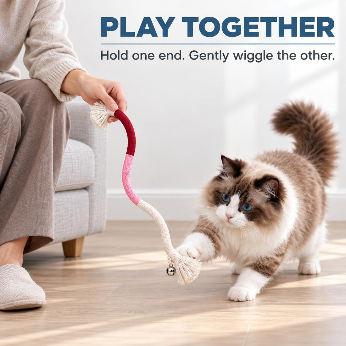 4-Pack Interactive Cat Chew Rope Toys, Teaser Sticks with Jingle Bells