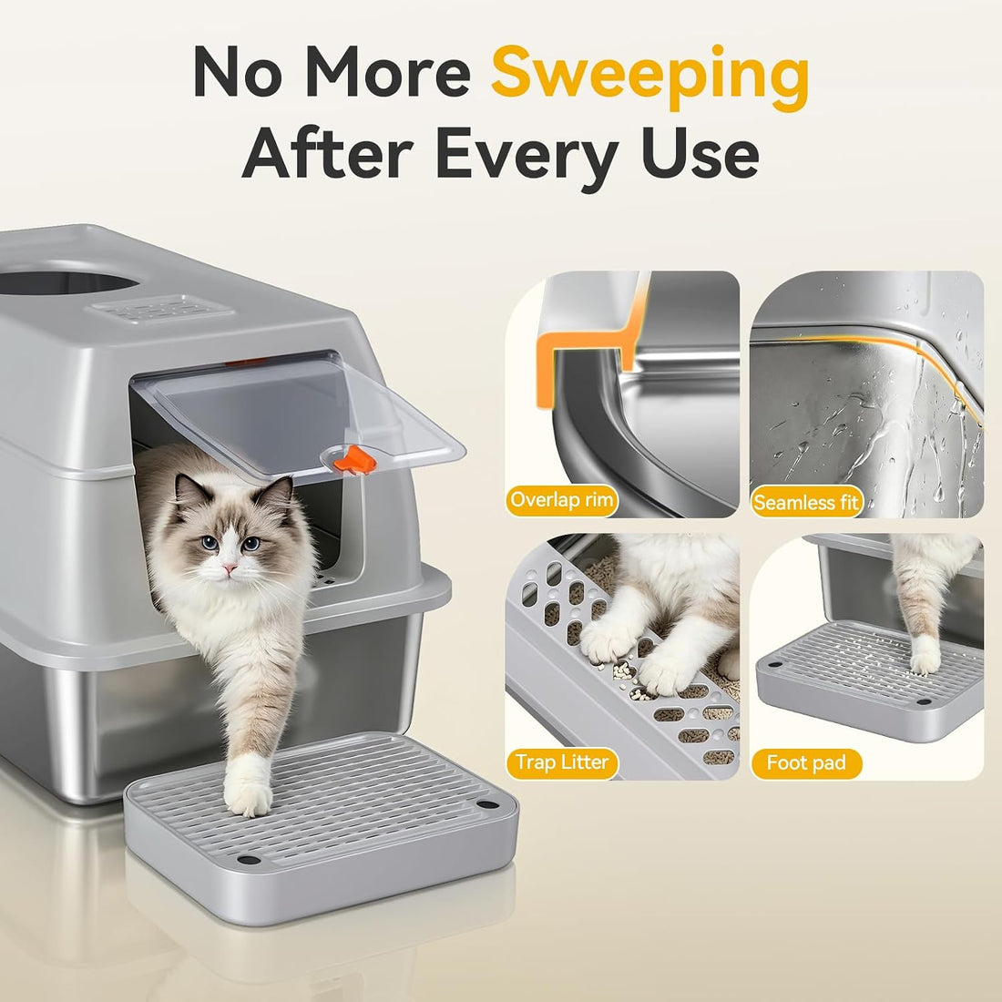 XL Enclosed Stainless Steel Litter Box with Lid, Light Gray
