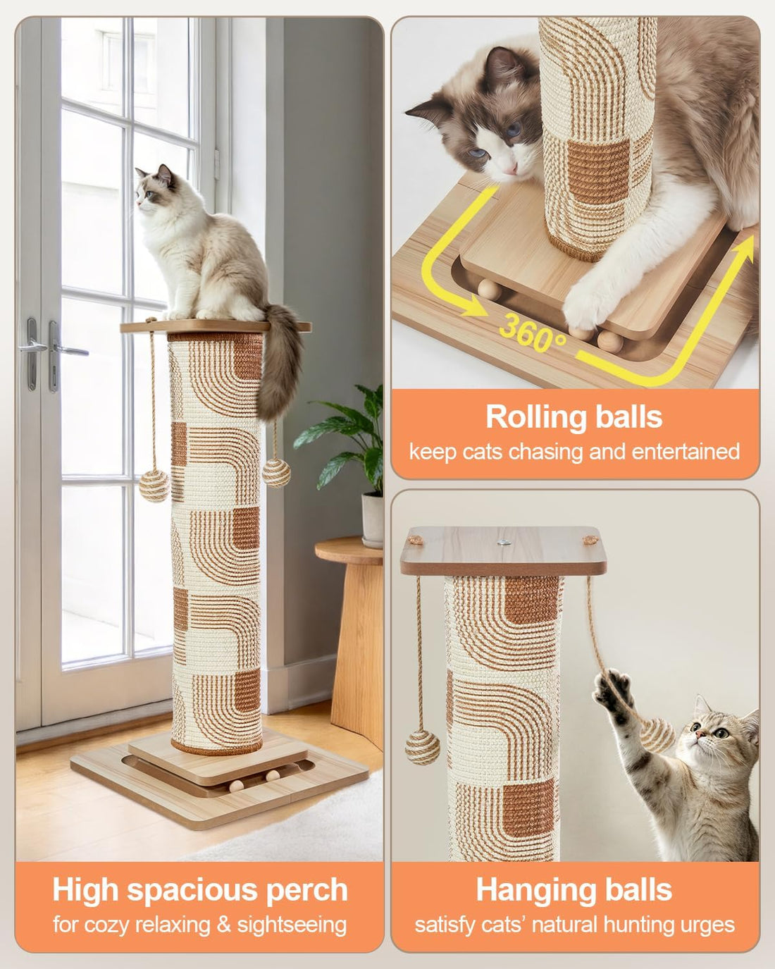 Odoland 31" Tall Large Cat Scratching Post with Replaceable Scratcher