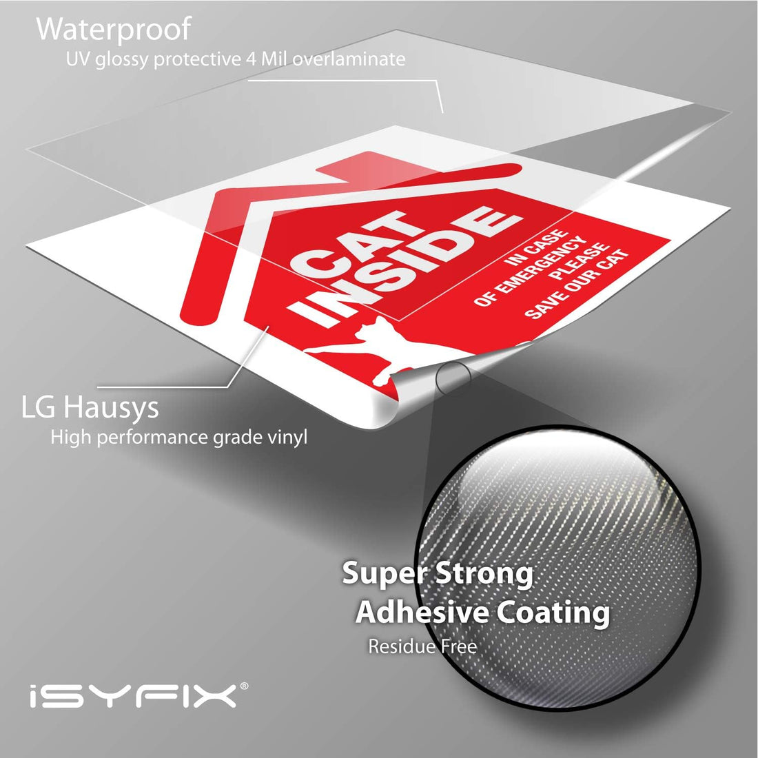 iSYFIX Cat Inside Alert Signs Stickers, 5x5 Inch, 4 Pack