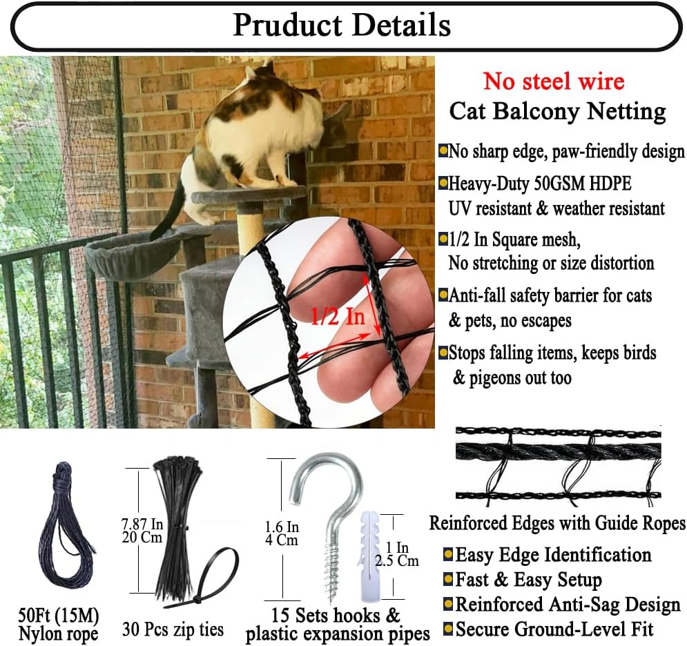 Cat Balcony Netting 10x20ft, 1/2” Mesh Anti-Fall Pet Safety Barrier
