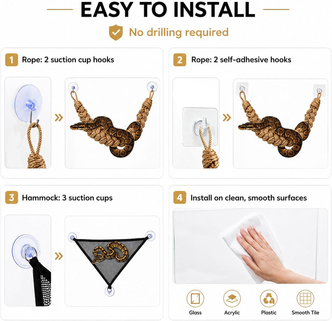 Snake Enclosure Accessories, Climbing Rope & PVC Hammock Set