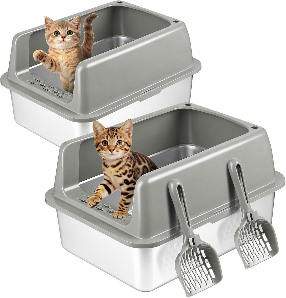 Kirecoo 2 Pack Medium Semi-Enclosed Stainless Steel Cat Litter Box