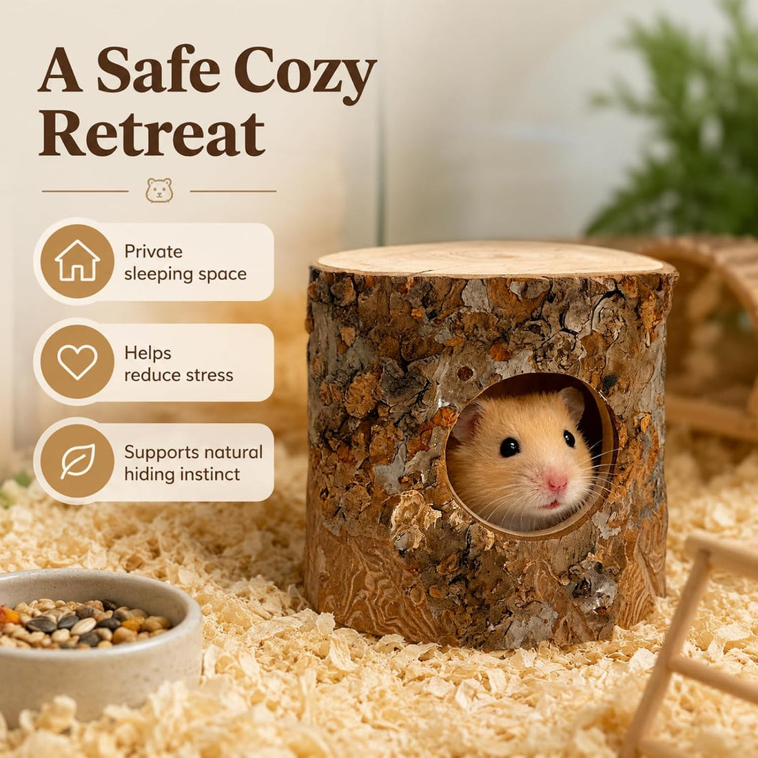 Hamster Hideout House for Small Animals, Wooden Habitat Shelter