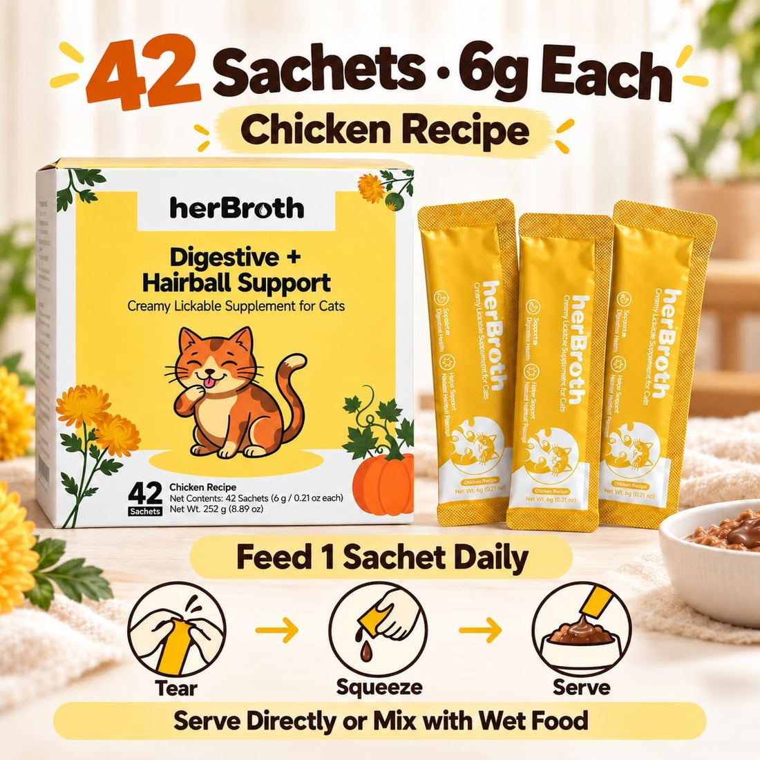 Cat Digestive & Hairball Lickable Supplement, 42 Count, Yellow Box