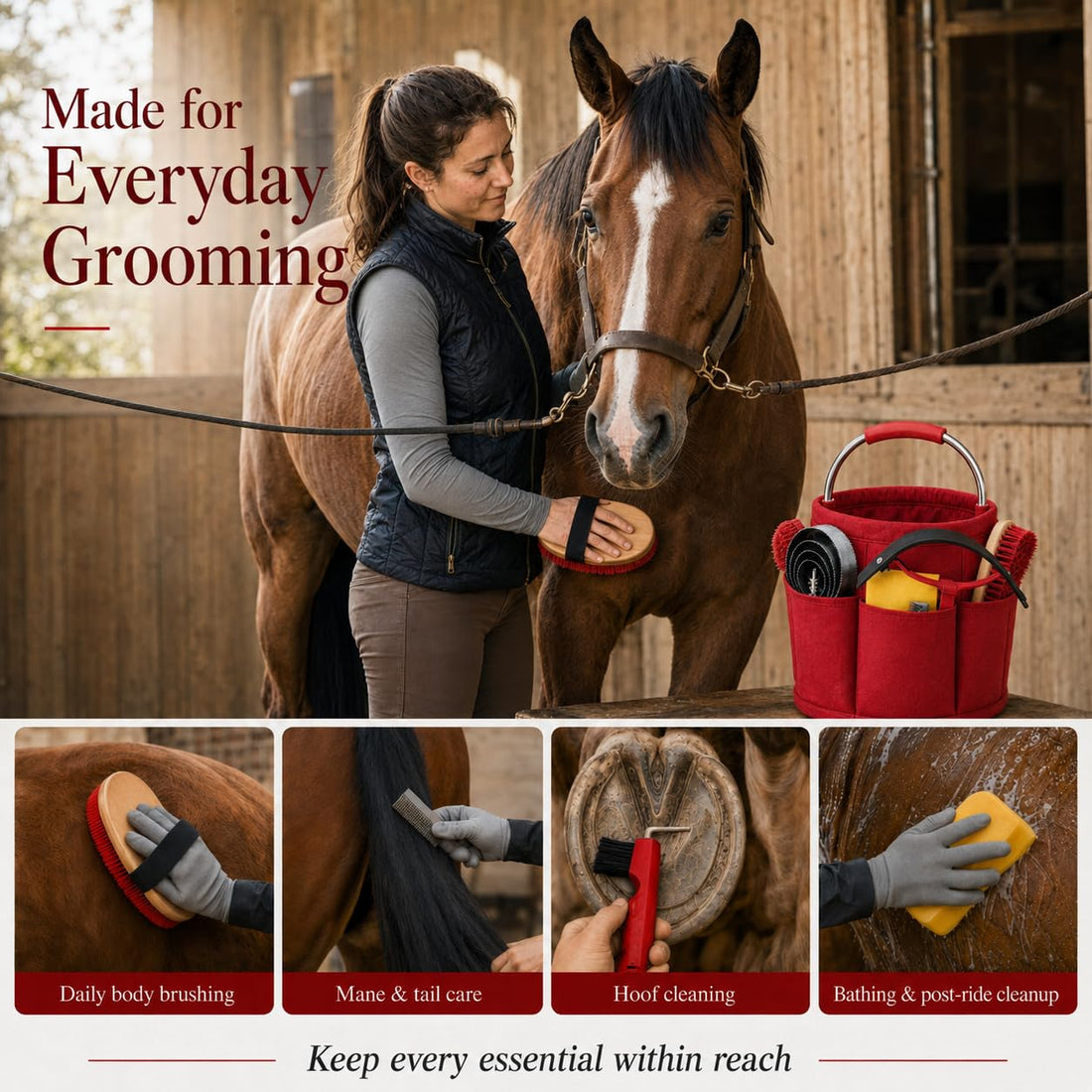 Horse Grooming Kit, 15-Piece Horse Brush Set with Red Tote Bag