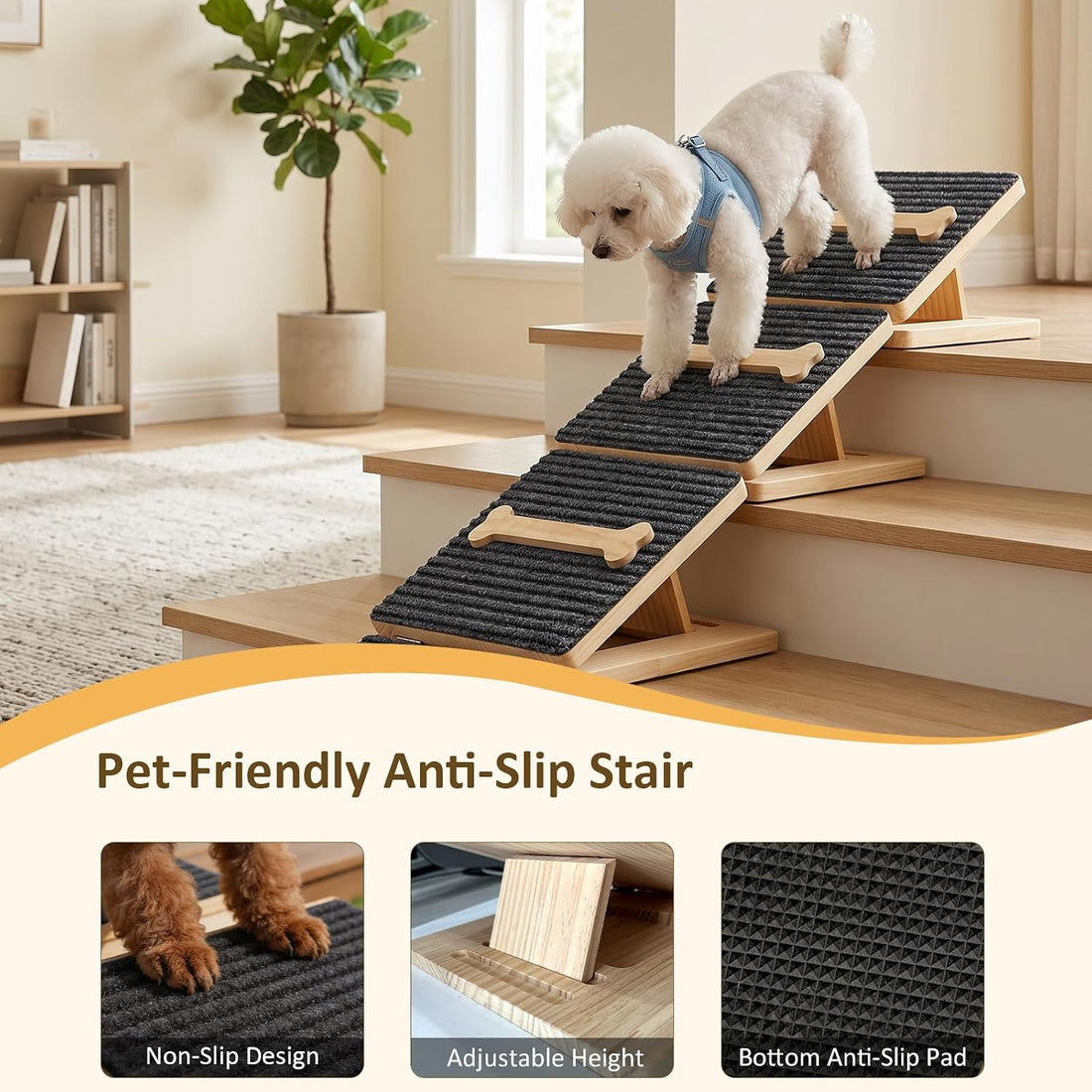Dog Ramp for Stairs,2 Pack Adjustable Foldable Wooden Pet Steps