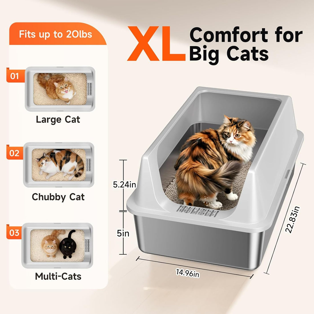 Stainless Steel Litter Box with High Sides, XL