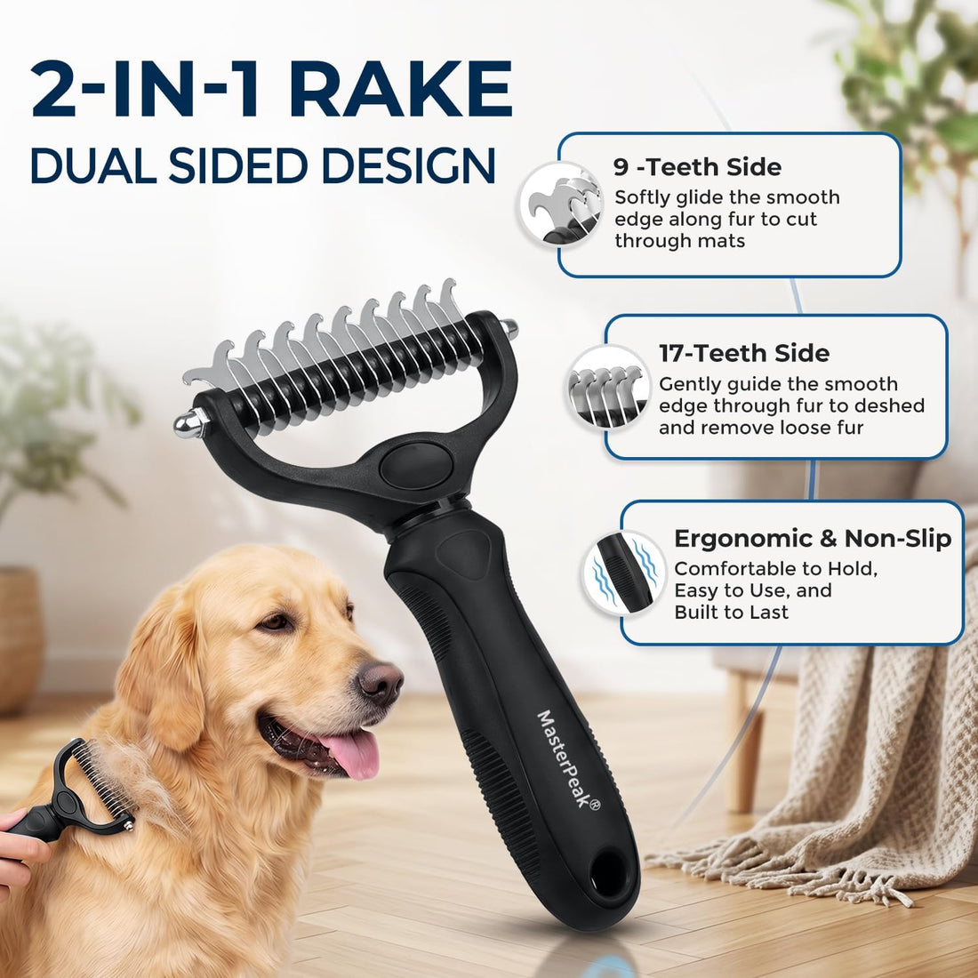 3-in-1 Pet Grooming Kit Rake Metal Comb & Bath Brush