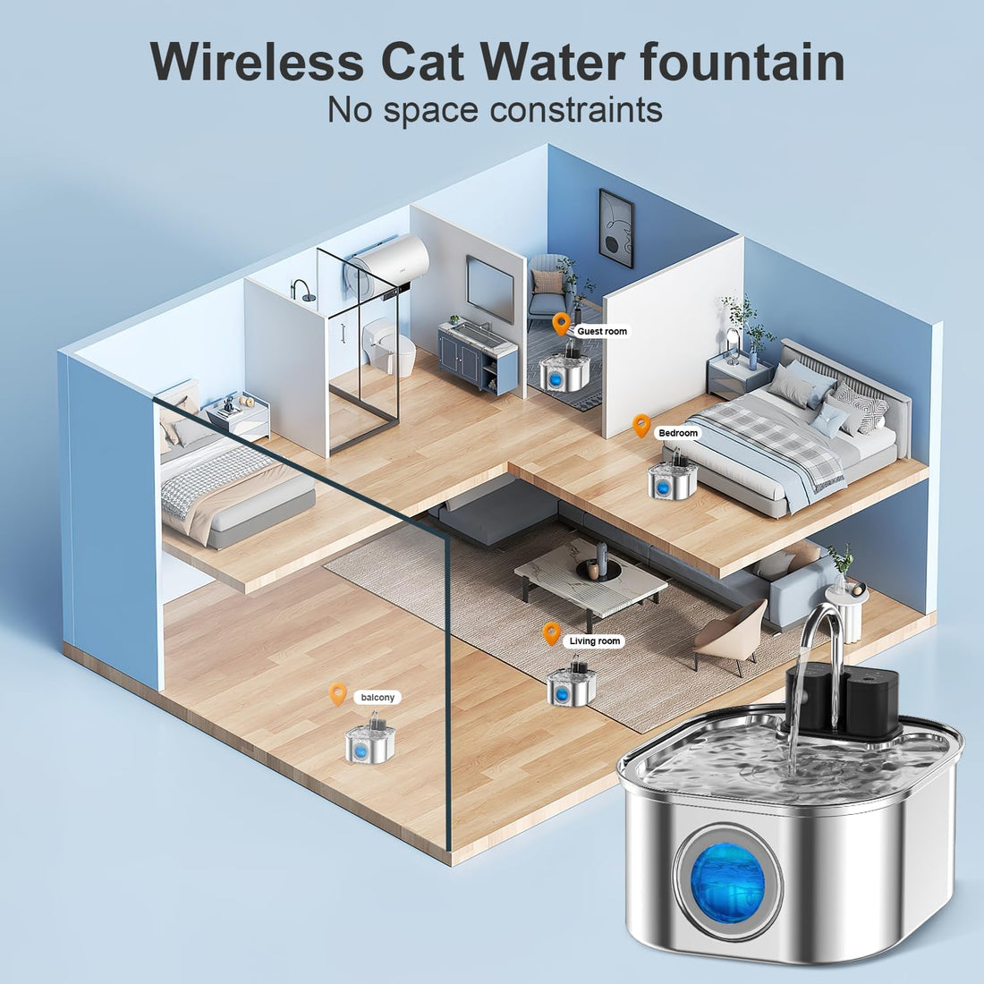 Cat Water Fountain Wireless,Stainless Steel-Rechargeable- Battery