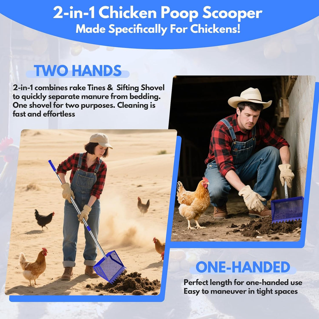 Chicken Poop Scooper Rake 2-in-1,304 Stainless Steel Shovel Head