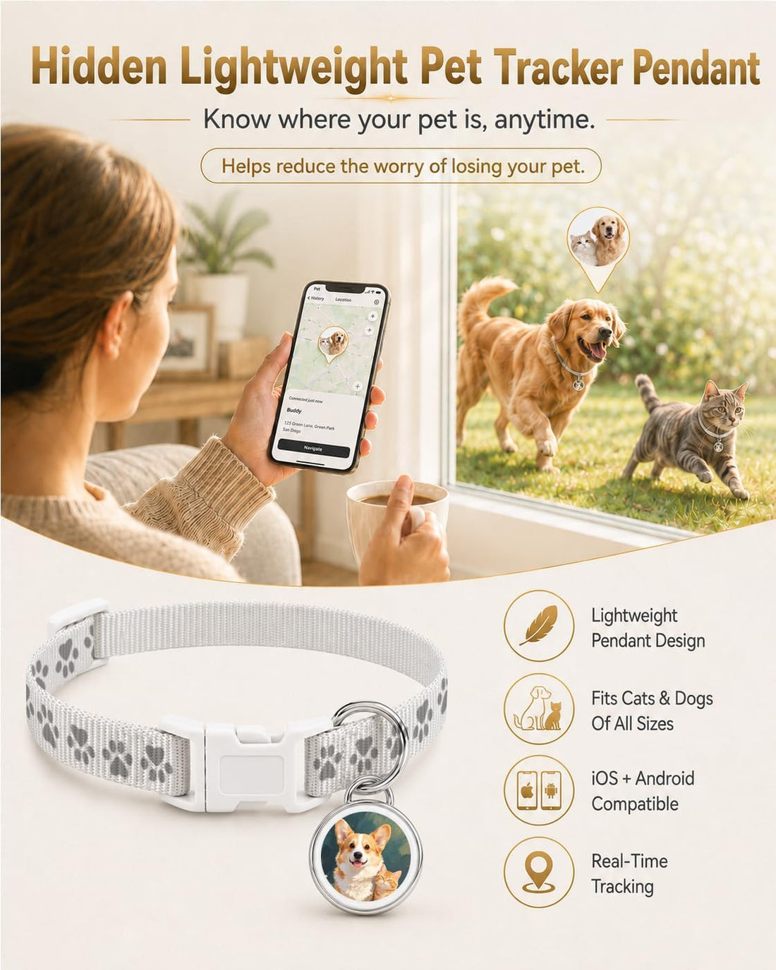Cat GPS Tracker Collar & Dog Mini Tracker, No Monthly Fee Location