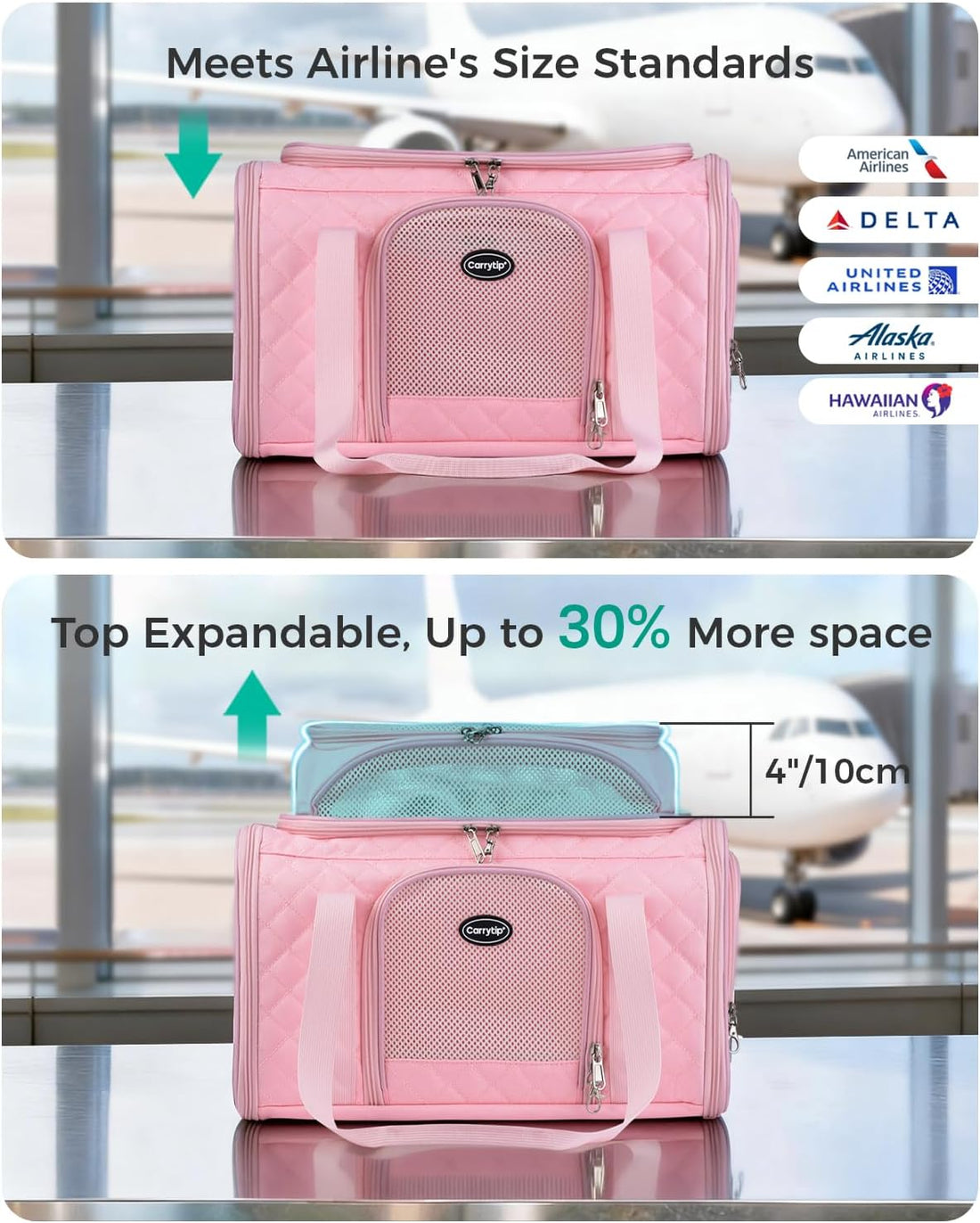 Airline Approved Cat Carrier with Expandable Top, 17x11x9.5 in