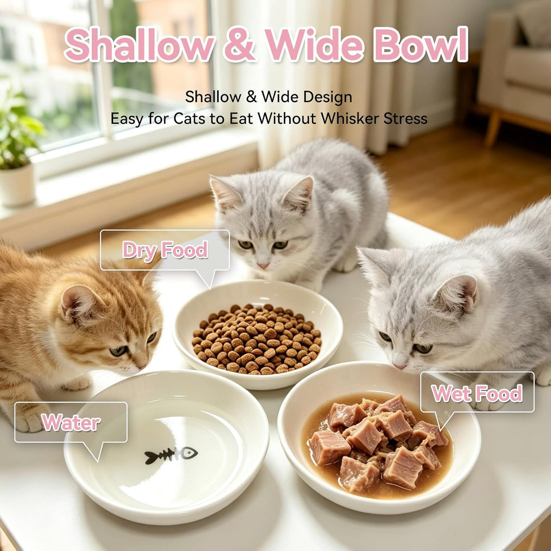 [4 Pack] Ceramic Cat Bowls, Cat Dishes with Non-Slip Silicone Bottom