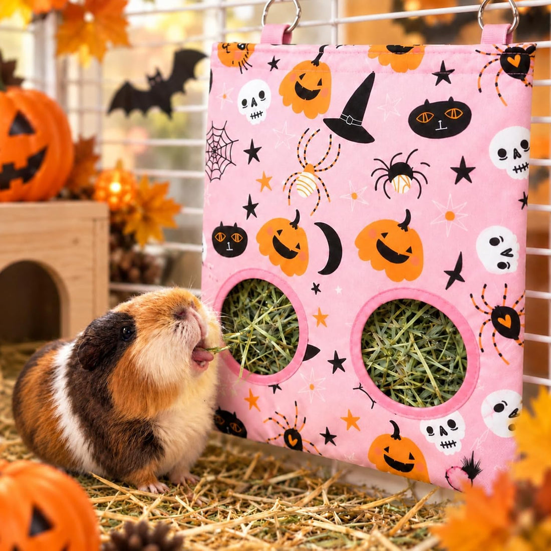 JarThenaAMCS 2Pcs Rabbit Hay Feeder Bag with 2 Holes, Pink Halloween