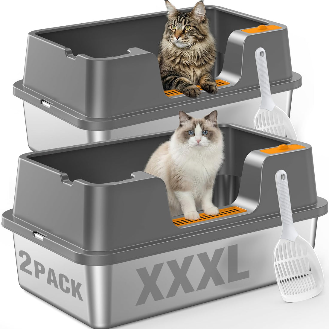 OROLEY 2PACK Stainless Steel Litter Box with High Sides Lid