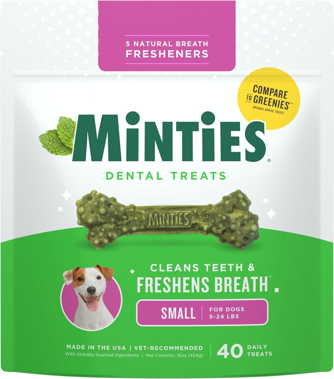 Minties Dog Dental Bone Treats, Tiny/Small 5-25 lbs, 40 Ct