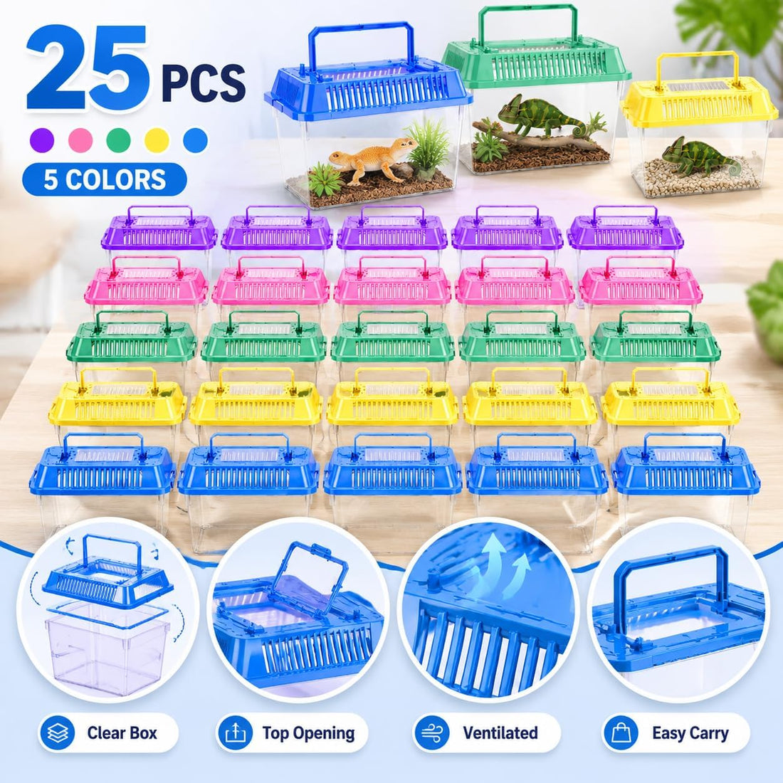 25 Pack Small Reptile Carrier Boxes, 5.9 x 4.3 x 3.7 in