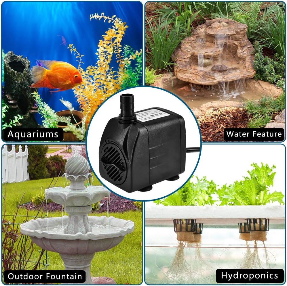 DOMICA 220GPH Ultra Quiet Fountain Pump (15W 800L/H), Small Submersible Pump for Pond, Water Feature, Aquariums, Fish Tanks, Hydroponics, Indoor or Outdoor Fountain (AC Powered)