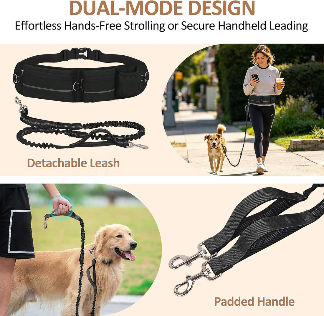 Hands Free Dog Leash with Waist Bag Bungee, Medium/Large, 25-120 lbs