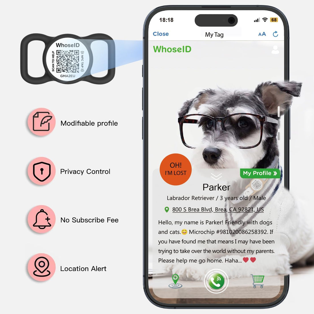 WhoseID QR Code Dog Tag with NFC, Personalized Pet ID Tag