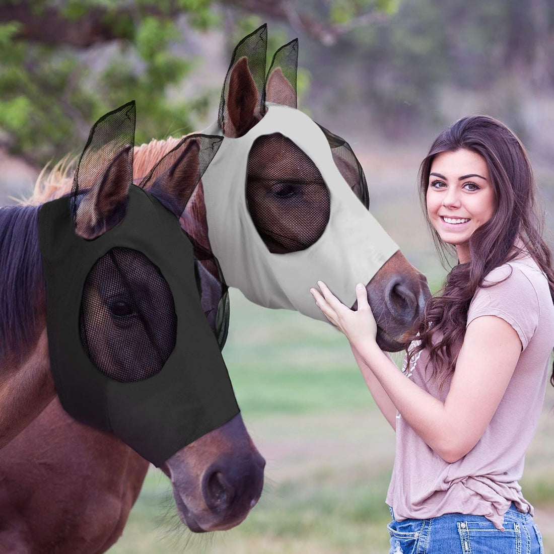 Weewooday 2 Pcs Mesh Horse Fly Mask with Ears, M