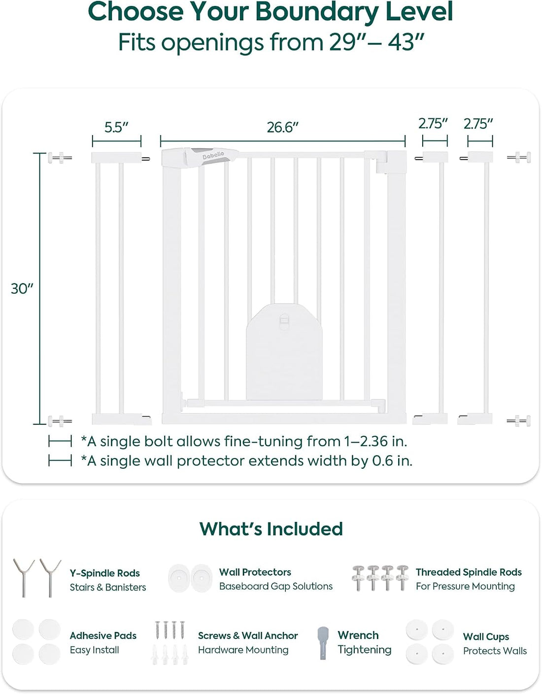 Babelio Auto Close Baby Gate with Cat Door,29-43" Metal Gate