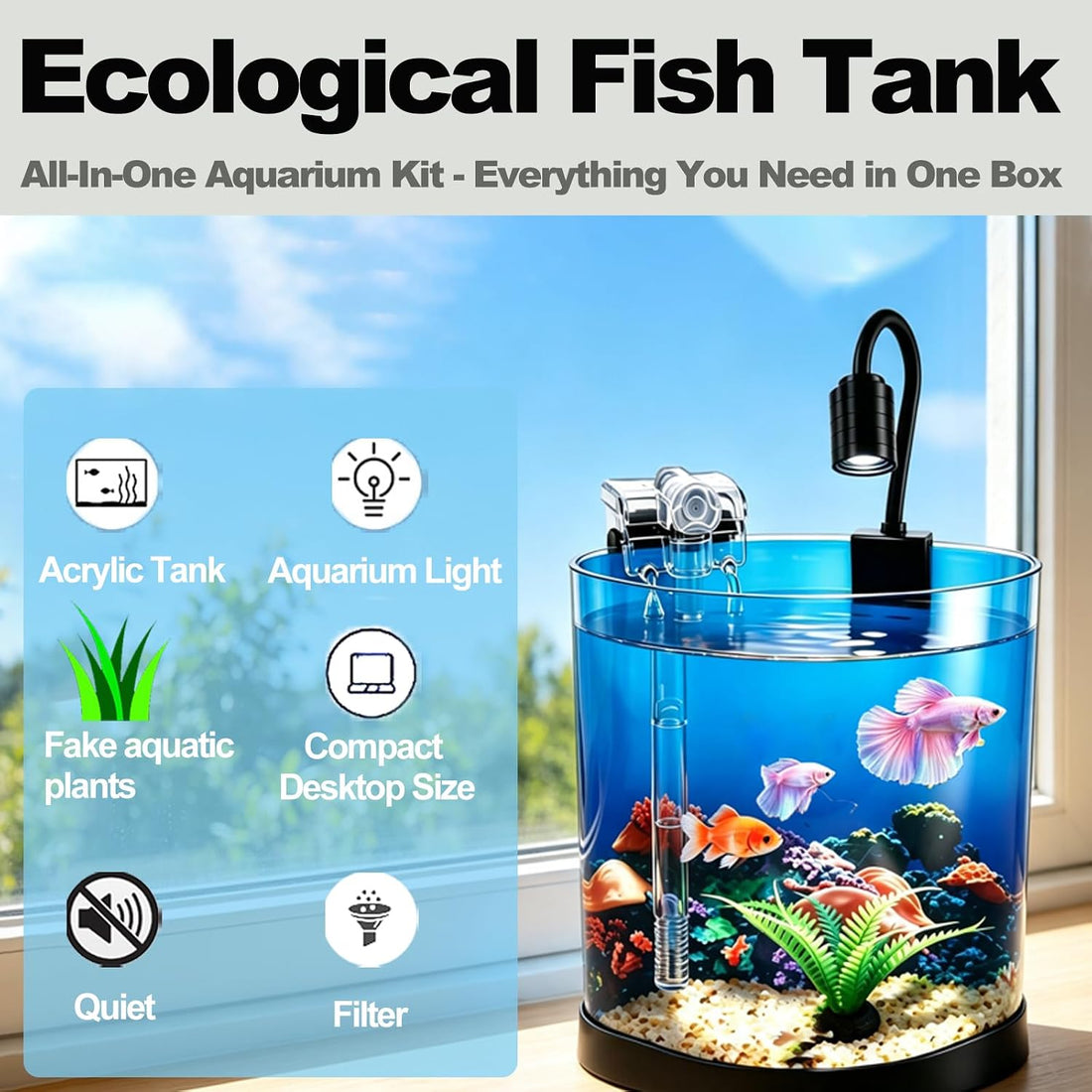 Desktop Fish Tank Kit, 3-in-1 Aquarium Starter with Filter & LED Light