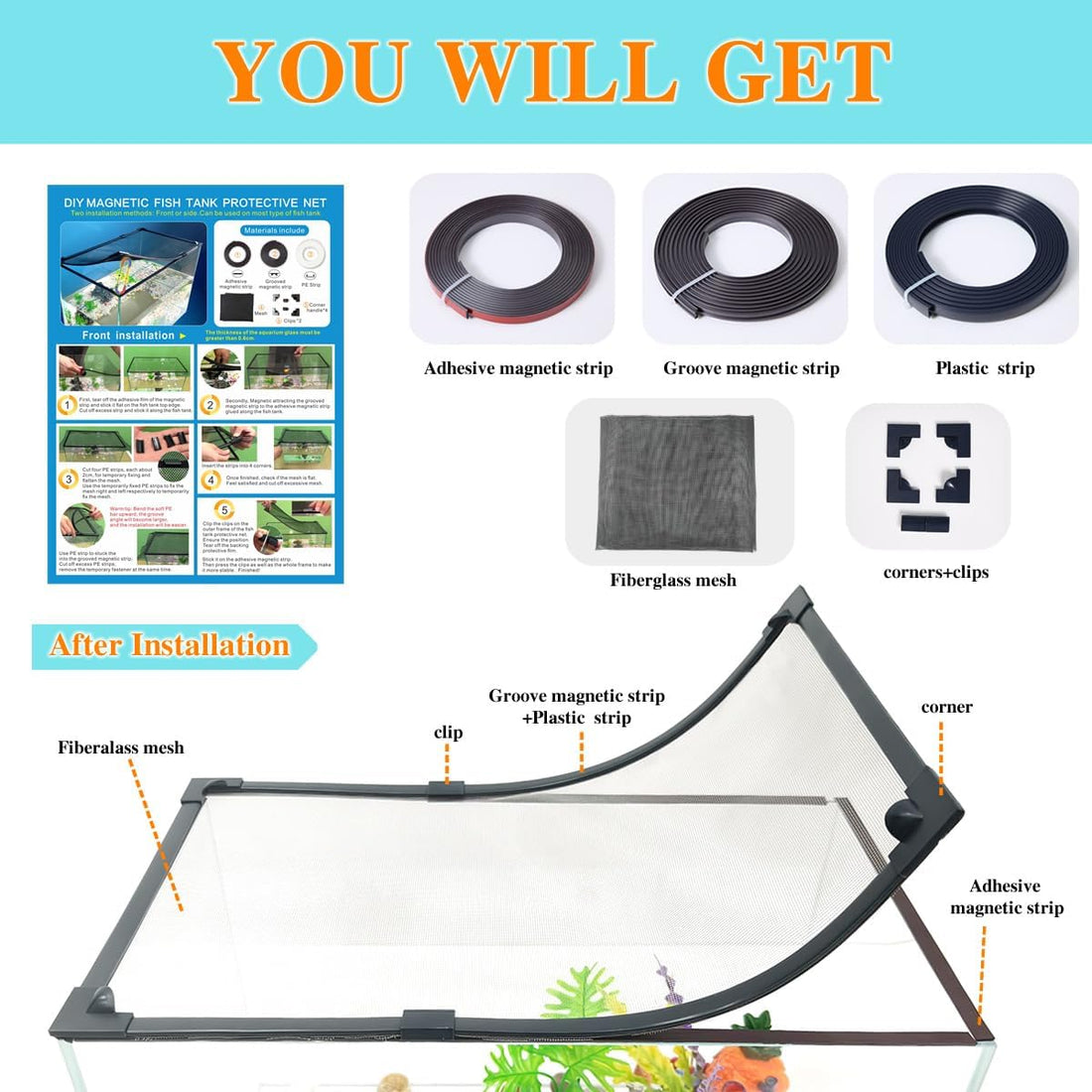 Magnetic Fish Tank Lid Dark Grey Frame Grey Fiberglass Mesh